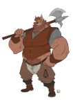  2019 5_fingers armor beard belly belt big_muscles black_nose body_hair boots brown_body brown_fur brown_hair bugbear clothing facial_hair fingers footwear fur furrybob hair halberd hands_on_hips happy_trail huge_muscles looking_at_viewer male melee_weapon musclegut muscular muscular_male polearm simple_background solo standing topwear vest weapon white_background yellow_sclera 