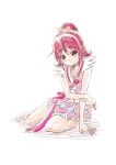  1girl adapted_costume aida_mana bangs barefoot bow collarbone cosplay cure_heart cure_heart_(cosplay) dokidoki!_precure eyebrows_visible_through_hair full_body hair_between_eyes hair_bow miniskirt niita one_side_up pink_bow pink_shirt pink_skirt precure red_eyes red_hair shiny shiny_hair shirt short_hair simple_background sitting skirt sleeveless sleeveless_shirt solo white_background 