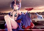  1girl alcohol ass bangs bare_shoulders blush bob_cut bottle breasts collarbone commentary_request cup eyeliner fate/grand_order fate_(series) headpiece horns japanese_clothes kimono knees_up lake long_sleeves looking_to_the_side makeup off_shoulder oni oni_horns open_clothes open_kimono open_mouth purple_eyes purple_hair purple_kimono revealing_clothes revision sakazuki sake short_eyebrows short_hair shuten_douji_(fate/grand_order) sitting small_breasts smile solo thighs torii wide_sleeves yan_(nicknikg) 