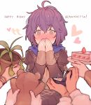  5girls bernadetta_von_varley blush cake dorothea_arnault edelgard_von_hresvelg fire_emblem fire_emblem:_three_houses food garreg_mach_monastery_uniform grey_eyes happy_birthday holding hood hood_down ingrid_brandl_galatea jewelry kvlen long_sleeves multiple_girls petra_macneary plant plate potted_plant purple_hair ring ring_box short_hair simple_background solo_focus stuffed_animal stuffed_toy teddy_bear uniform upper_body white_background 