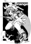  1girl ahoge ankle_boots bandaid bare_legs baton blackcat_(pixiv) boots character_name cross-laced_footwear dated english_text greyscale grin holding holding_weapon lace-up_boots long_hair looking_at_viewer low_tied_hair monochrome orange_(touhou) outstretched_arm puffy_short_sleeves puffy_sleeves pun short_shorts short_sleeves shorts smile solo standing standing_on_one_leg tagme touhou touhou_(pc-98) v-shaped_eyebrows weapon 