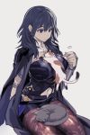  1girl black_hair blue_eyes breasts byleth_(fire_emblem) byleth_(fire_emblem)_(female) cat cat_on_lap dagger fire_emblem fire_emblem:_three_houses jacket_on_shoulders large_breasts navel_cutout pantyhose sitting weapon 