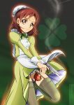  1girl apron artist_name brown_hair character_name character_request closed_mouth garter_straps green_legwear green_neckwear green_shirt green_skirt gun holding holding_gun holding_weapon holster long_skirt long_sleeves looking_at_viewer maid precure shiny shiny_hair shirt short_hair skirt solo standing standing_on_one_leg thigh_holster thighhighs tomo5656ky twitter_username weapon white_apron yellow_eyes 