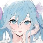  1girl alternate_costume alternate_hair_ornament bangs blue_eyes blue_hair chin_rest close-up collared_shirt eyebrows eyebrows_visible_through_hair eyelashes eyes_visible_through_hair face hair_between_eyes hair_ornament hair_ribbon hands hatsune_miku lips long_hair looking_at_viewer nostrils parted_lips portrait purple_ribbon ribbon sanpaku shirt sidelocks simple_background sketch solo tsurime twintails uomi_(eqtjc) vocaloid white_background white_shirt 