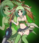  1girl :o alternate_eye_color armlet bare_shoulders belt_pouch blush breasts cleavage commentary_request detached_sleeves duel_angel duel_monster eyebrows_visible_through_hair fur gradient gradient_background gradient_hair green_background green_eyes green_hair green_legwear green_skirt hair_ribbon hairband highres holding holding_staff long_hair looking_at_viewer medallion medium_breasts midriff miniskirt multicolored_hair multiple_views navel orange_hair panties pantyshot pantyshot_(standing) parted_hair pouch red_headwear reeze_whirlwind_of_gusto ribbon scarf single_detached_sleeve skirt staff standing strapless thighhighs tubetop twintails underwear white_panties yellow_eyes yuu-gi-ou zettai_ryouiki zoom_layer 