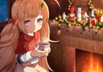  1girl ame. artist_name azur_lane blonde_hair blush bow box brown_skirt burning candle capelet christmas closed_mouth commentary_request cup eldridge_(azur_lane) facial_mark fire fireplace gift gift_box hair_bow hair_ornament hairclip holding holding_cup indoors long_hair long_sleeves low_twintails mug night red_bow red_capelet red_eyes shirt sidelocks signature sitting skirt smile solo star steam twintails very_long_hair white_shirt window 