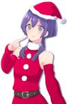  1girl belt bernadetta_von_varley closed_mouth fire_emblem fire_emblem:_three_houses fur_trim grey_eyes hat highres lala_setsugetsu pom_pom_(clothes) purple_hair red_headwear santa_costume santa_hat simple_background smile solo upper_body white_background 