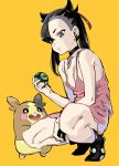  1girl black_hair blue_eyes breasts choker dress dusk_ball earrings gen_8_pokemon iku_(ikuchan_kaoru) jewelry mary_(pokemon) morpeko pink_dress poke_ball pokemon pokemon_(game) pokemon_swsh small_breasts squatting twintails yellow_background 