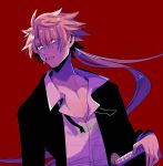  1boy ahoge blonde_hair cigarette fifteen_(katana_zero) formal holding holding_weapon katana katana_zero long_hair mako_gai messy_hair ponytail red_background red_eyes sheath sheathed shirt simple_background smoking solo suit sword undone_necktie undone_tie very_long_hair weapon 