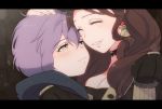  2girls bernadetta_von_varley breasts brown_hair choker cleavage closed_eyes closed_mouth dorothea_arnault earrings fire_emblem fire_emblem:_three_houses garreg_mach_monastery_uniform grey_eyes hand_on_another&#039;s_head hood hood_down jewelry long_hair multiple_girls nichihamueasler parted_lips purple_hair short_hair smile uniform 