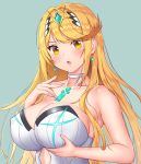  1girl areolae bangs blonde_hair blush breast_grab breast_hold breasts cleavage commentary_request competition_swimsuit earrings eyebrows_visible_through_hair gem grabbing gradient green_background hair_ornament headpiece highres hikari_(xenoblade_2) jewelry large_breasts long_hair looking_at_viewer nintendo one-piece_swimsuit open_mouth shiny shiny_skin simple_background solo sssemiii swept_bangs swimsuit tiara very_long_hair xenoblade_(series) xenoblade_2 yellow_eyes 