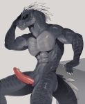  2019 abs absurd_res animal_genitalia anthro biceps claws dinosaur elaismurnhem erection fals feathers flexing genital_slit green_eyes grey_body grey_scales hand_on_head hi_res looking_at_viewer male maunderfiend muscular muscular_male pecs pose reptile scales scalie slit solo standing theropod tyrannosaurid tyrannosaurus tyrannosaurus_rex white_body white_feathers 