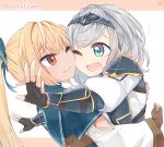  2girls asymmetrical_docking black_gloves blonde_hair blue_bow blush bow braid breast_press brown_gloves cheek-to-cheek circlet dark-skinned_female dark_skin elf fingerless_gloves gloves green_eyes grey_hair hair_bow heads_together hololive hug long_hair looking_at_another medium_hair multiple_girls one_eye_closed open_mouth partially_fingerless_gloves pointy_ears ponytail red_eyes shiranui_flare shiranui_flare_(old_design) shirogane_noel shirogane_noel_(1st_costume) smile starblame upper_body virtual_youtuber yuri 