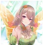  1girl bare_shoulders blonde_hair blush breasts bug butterfly cleavage elf fairy_wings fire_emblem fire_emblem_heroes flower gradient_clothes gradient_hair hair_flower hair_ornament halterneck insect jewelry large_breasts leaf leaf_background leonmandala long_hair multicolored_hair peony_(fire_emblem) pointy_ears portrait purple_eyes shiny shiny_hair sleeveless smile solo twintails upper_body wings 