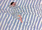  1boy 9bmmnn barefoot bed_sheet black_hair blue_stripes covering_face flat_color full_body ligne_claire limited_palette long_sleeves lying on_side original pajamas short_hair solo striped white_stripes 