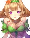  1girl :d bare_shoulders blonde_hair breasts cleavage dress elf fire_emblem fire_emblem_heroes flower gradient_hair hair_flower hair_ornament highres jewelry jurge large_breasts long_hair multicolored_hair open_mouth peony_(fire_emblem) pointy_ears purple_eyes simple_background sleeveless smile solo twintails white_background 