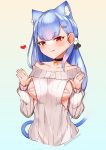  1girl :q absurdres animal_ear_fluff animal_ears areolae bandaid bandaids_on_nipples bangs bell bell_choker black_choker blue_background blue_hair blush breasts brown_background cat_ears cat_girl cat_tail choker choumi_wuti_(xueye_fanmang_zhong) closed_mouth collarbone cropped_torso eyebrows_visible_through_hair gradient gradient_background hair_ornament hairclip hands_up heart heart-shaped_pupils heart_hair_ornament highres jingle_bell long_hair long_sleeves looking_at_viewer medium_breasts notice_lines pasties plivyou red_eyes ribbed_sweater shikai_yue sleeves_past_wrists smile solo sweater symbol-shaped_pupils tail tongue tongue_out twitter_username upper_body very_long_hair virtual_youtuber white_sweater 