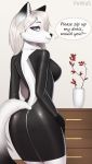  absurd_res anthro arctic_fox black_clothing black_dress blonde_hair blue_eyes breasts butt butt_pose canid canine clothing dress english_text female fox hair hi_res leather_dress mammal pewas plant pose smile solo text tight_clothing white_body 