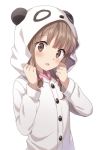  1girl adjusting_hood animal_costume azusagawa_kaede bangs bow brown_eyes brown_hair buchi_(y0u0ri_) cosplay hair_bow hood kigurumi long_sleeves looking_at_viewer medium_hair panda_costume parted_lips pink_bow seishun_buta_yarou solo upper_body 