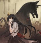  1girl black_bow black_hair black_skirt bow crown crying fangs hands_on_own_face highres liar_princess liar_princess_(wolf_form) long_hair looking_at_viewer looking_back petals phytoster plant shadow shirt skirt usotsuki_hime_to_moumoku_ouji vines white_shirt yellow_eyes 