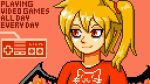  1girl bags_under_eyes blonde_hair bow casual cat english_text famicom_gamepad flandre_scarlet hair_bow mima-sama pixel_art red_eyes shirt short_hair side_ponytail simple_background smile solo touhou 