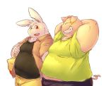  anthro belly chiro_(artist) clothed clothing domestic_pig duo eyes_closed fur hands_behind_head lagomorph leporid male mammal moobs obese obese_male open_mouth open_smile overweight overweight_male rabbit shoulder_bag simple_background smile suid suina sus_(pig) white_background white_body white_fur 
