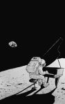  1other ambiguous_gender astronaut black_sky earth greyscale instrument monochrome moon music original piano playing_instrument playing_piano sakajun shadow solo stool traditional_media 