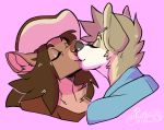  2019 brown_hair canid canine canis clothed clothing digital_media_(artwork) domestic_dog ear_piercing ear_ring eyes_closed hair kissing mammal piercing rokemi smile 