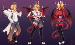  2019 black_sclera blonde_hair bottomwear breast_growth breasts clothing coat demon feathered_wings feathers female fire gender_transformation hair hooves horn horn_growth humanoid humanoid_pointy_ears legwear male membrane_(anatomy) membranous_wings mtf_transformation nipple_piercing nipples not_furry piercing red_body sequence shorts simple_background solo spade_tail standing surprise thigh_highs topwear transformation wings witchofavalon 