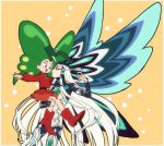  1boy 1girl :d antennae belt black_hair blue_eyes bodysuit butterfly_wings carrying cowboy_shot eye_contact eyeshadow fate/grand_order fate_(series) green_hair kagio_(muinyakurumi) long_hair looking_at_another makeup multicolored_hair open_mouth orange_background qin_shi_huang_(fate/grand_order) red_eyes red_footwear red_shirt red_skirt shirt shoes simple_background skirt smile two-tone_hair white_hair wings yadamon yadamon_(character) 