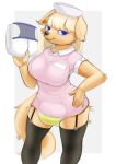  anthro bodily_fluids bottomwear canid canine canis clothing diaper domestic_dog female genital_fluids hand_on_hip legwear looking_at_viewer mammal miniskirt nurse nyanyakotarou skirt solo standing stockings urine wet_diaper wetting 