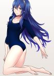  1girl ameno_(a_meno0) ass bangs bare_legs barefoot blue_eyes blue_hair blush breasts closed_mouth clothing_request collarbone fire_emblem fire_emblem_awakening grey_background hair_between_eyes hair_spread_out legs long_hair looking_at_viewer lucina_(fire_emblem) shiny shiny_hair sidelocks simple_background small_breasts soles solo tiara 
