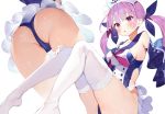  1girl :d adapted_costume anchor_print ass azur_lane bare_shoulders blue_hair blush braid breasts collarbone detached_sleeves hair_ribbon headdress hololive knees_up long_hair looking_at_viewer matsui_hiroaki medium_breasts minato_aqua multicolored_hair multiple_views no_shoes one-piece_swimsuit open_mouth purple_eyes purple_hair ribbon sailor_collar simple_background smile streaked_hair swimsuit thighhighs thighs twintails two-tone_hair virtual_youtuber white_background white_legwear 
