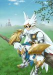  1boy armor belt bird boots bttfghn cape digimon feathered_wings feathers gloves helmet leaf official_art sitting sky solo sunglasses tree valkyrimon wings 