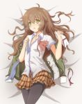  1girl aono_(aonocrotowa) bangs bed_sheet black_legwear blush brown_hair brown_skirt collared_shirt cowboy_shot curly_hair dress_shirt eiyuu_densetsu eyebrows_visible_through_hair from_above green_eyes green_jacket hair_between_eyes highres jacket jacket_removed long_hair lying miniskirt on_back open_mouth pantyhose plaid plaid_skirt pleated_skirt sen_no_kiseki shiny shiny_hair shirt short_sleeves skirt solo towa_herschel very_long_hair white_shirt wing_collar 