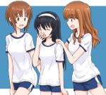  3girls bangs black_hair blue_background blue_shorts blunt_bangs brown_eyes brown_hair closed_eyes commentary eyebrows_visible_through_hair girls_und_panzer gym_shirt gym_shorts gym_uniform hairband hands_on_another&#039;s_shoulders long_hair looking_at_another multiple_girls mutsu_(layergreen) nishizumi_miho open_mouth orange_eyes orange_hair pillarboxed reizei_mako shirt short_hair short_sleeves shorts single_vertical_stripe smile standing t-shirt takebe_saori white_hairband yawning 