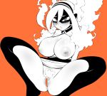 1girl :o bar_censor blush boku_no_hero_academia breasts burnin_(boku_no_hero_academia) censored fiery_hair hair_between_eyes inverted_nipples large_breasts mask monochrome nipples orange_background pubic_hair pussy shpo simple_background solo spread_legs 