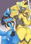  2019 absurd_res anthro anthrofied big_butt blue_body blue_fur bodily_fluids breasts butt canid canine clothing duo felid feline female fur hi_res legendary_pok&eacute;mon looking_at_viewer looking_back lucario mammal megane_inu nintendo pok&eacute;mon pok&eacute;mon_(species) pok&eacute;morph pussy rear_view red_eyes smile sweat thong underwear video_games yellow_body yellow_fur zeraora 