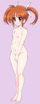  1girl blue_eyes blush breasts brown_hair collarbone covering covering_crotch embarrassed eyebrows_visible_through_hair fuchi full_body groin hair_ornament hair_ribbon lyrical_nanoha mahou_shoujo_lyrical_nanoha mahou_shoujo_lyrical_nanoha_a&#039;s navel nipples nude open_mouth purple_background ribbon shiny shiny_hair shiny_skin short_hair short_twintails simple_background small_breasts solo standing sweatdrop takamachi_nanoha twintails 