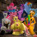  1:1 2019 3d_(artwork) animal_genitalia animal_penis anthro applejack_(mlp) areola balls big_breasts breasts cigarette clothing cutie_mark digital_media_(artwork) equid equine equine_penis eyelashes eyeshadow feathered_wings feathers fluttershy_(mlp) footwear forsaken_(artist) friendship_is_magic group gynomorph hi_res horn huge_breasts intersex legwear looking_at_viewer makeup mammal my_little_pony navel nipple_piercing nipples pattern_clothing pattern_legwear penis piercing pinkie_pie_(mlp) pterippus rainbow_dash_(mlp) rarity_(mlp) smile striped_clothing striped_legwear stripes twilight_sparkle_(mlp) unicorn wings 