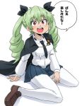  1girl anchovy anzio_school_uniform aono3 bangs belt black_belt black_cape black_neckwear black_ribbon black_skirt cape commentary dress_shirt drill_hair emblem eyebrows_visible_through_hair girls_und_panzer green_hair hair_ribbon highres long_hair long_sleeves looking_at_viewer miniskirt necktie open_mouth pantyhose pleated_skirt red_eyes ribbon school_uniform shadow shirt simple_background sitting skirt smile solo translated twin_drills twintails wariza white_background white_legwear white_shirt 