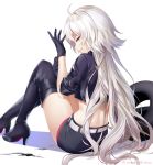  1girl adjusting_clothes adjusting_gloves ahoge artist_name back black_footwear black_gloves boots commentary commission english_commentary eyebrows_visible_through_hair fate/grand_order fate_(series) gloves hair_between_eyes jeanne_d&#039;arc_(alter)_(fate) jeanne_d&#039;arc_(fate)_(all) long_hair looking_at_viewer oil race_queen rimuu silver_hair simple_background sitting smile solo teeth tire very_long_hair white_background yellow_eyes 