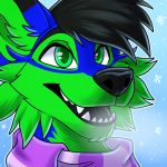  1:1 2019 blue_body blue_fur canid canine canis citrinelle digital_media_(artwork) domestic_dog fur green_body green_eyes green_fur headshot_portrait low_res mammal open_mouth portrait scarf smile snow teeth tongue 