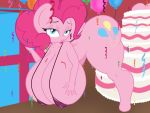  anthro balloon bedroom_eyes bent_over big_breasts big_butt bikini blep breasts butt cake clothing equid equine food friendship_is_magic hanging_breasts huge_breasts hyper hyper_breasts lefthighkick mammal my_little_pony narrowed_eyes nipple_outline pinkie_pie_(mlp) seductive sling_bikini swimwear thick_thighs tongue tongue_out 