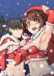  2girls armpits bangs black_nails blush breasts brown_eyes brown_hair christmas cleavage eyebrows_visible_through_hair hair_ribbon hat long_sleeves mary_(pokemon) medium_breasts midriff multiple_girls navel pink_ribbon pokemon pokemon_(game) pokemon_swsh ribbon santa_costume short_hair smile snow yamauchi_(conan-comy) yellow_eyes yuuri_(pokemon) 