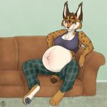  belly big_belly ear_piercing ear_ring felid feline female furniture geckoguy123456789 lynx mammal miyu_lynx nintendo piercing pregnant royalty_(artist) smile sofa solo star_fox video_games 