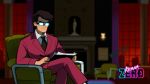  1boy angry black_hair black_neckwear chair copyright_name covered_eyes crossed_legs formal glasses glowing_glasses highres katana_zero necktie office official_art psychiatrist_(katana_zero) red_suit sitting suit trading_card whoisnassstya writing 