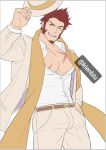  1boy alternate_costume bara beard belt blue_eyes brown_hair chest facial_hair fate/grand_order fate_(series) hand_in_pocket hat kienbiu long_sleeves looking_at_viewer male_focus muscle napoleon_bonaparte_(fate/grand_order) one_eye_closed open_clothes open_mouth open_shirt pants pectorals scar scarf shirt smile solo uniform 