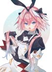  1boy astolfo_(saber)_(fate) bangs black_bow black_gloves black_ribbon blush bow bowtie bunny_hair_ornament commentary_request eyebrows_visible_through_hair fang fate/grand_order fate_(series) gloves hair_between_eyes hair_bow hair_intakes hair_ornament hair_ribbon highres long_hair long_sleeves looking_at_viewer multicolored_hair otoko_no_ko pink_hair puffy_sleeves purple_eyes ribbon skin_fang solo streaked_hair twintails white_hair yuno_tsuitta 
