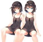  bangs bare_arms bare_legs bare_shoulders black_dress black_hair black_ribbon blush breasts closed_mouth collarbone dress eyebrows_visible_through_hair head_tilt highres invisible_chair looking_at_viewer orange_eyes original otokuyou panties pantyshot pantyshot_(sitting) ribbon short_hair shoulder_tattoo simple_background sitting sleeveless sleeveless_dress small_breasts tattoo underwear upskirt white_background 